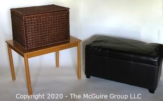 Three Small Pieces of Small Furniture including Table, Leather Storage Bench and Basket.