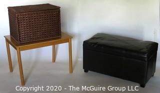 Three Small Pieces of Small Furniture including Table, Leather Storage Bench and Basket.