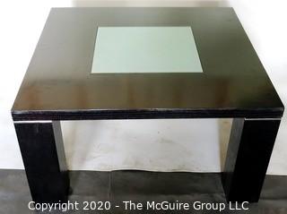 Dark Veneer Wood Modern Contemporary Coffee Table with Glass Insert.