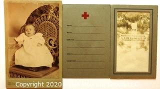 Cabinet Card of Baby in Christening Outfit and 1918 WWI Casualty Photo Card of Grave Stone. 