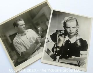 Vintage Black & White Publicity Stills - Man with magnifying glass and Lorna Lynn (Meyers) as Jill Bartlett on the Blue Network radio show "My Best Girls" Circa 1930.