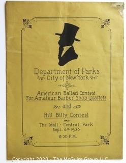 1938 Program and Scorecard for Barbershop Quartet Competition in New York Central Park.  