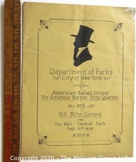 1938 Program and Scorecard for Barbershop Quartet Competition in New York Central Park.  