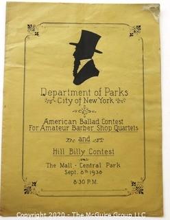 1938 Program and Scorecard for Barbershop Quartet Competition in New York Central Park.  