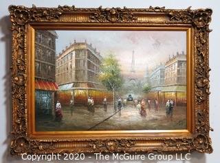 Large Oil on Canvas Street Scene in Resin Gilt Frame.  Measures approximately 45" 33".