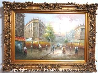 Large Oil on Canvas Street Scene in Resin Gilt Frame.  Measures approximately 45" 33".