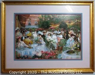 Large Framed and Matted Print of Victorian Garden Party. Measures approximately 33" X 43".