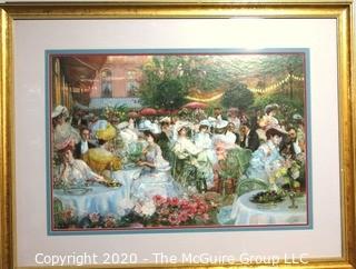 Large Framed and Matted Print of Victorian Garden Party. Measures approximately 33" X 43".