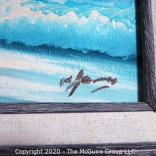 Framed Hand Painted Oil on Canvas of Beach Scene in Blue Signed By Artist