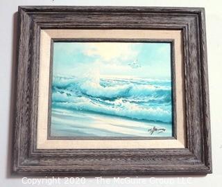 Framed Hand Painted Oil on Canvas of Beach Scene in Blue Signed By Artist