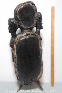 Large Ethnographic Carved Wooden Tribal Figural Statue or Drum with Leather Back.  Possibly Made of Ebony.