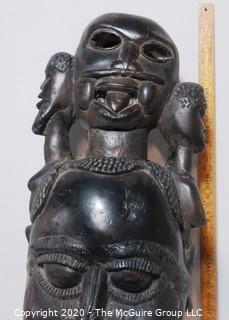 Large Ethnographic Carved Wooden Tribal Figural Statue or Drum with Leather Back.  Possibly Made of Ebony.