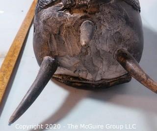 Large Ethnographic Carved Wooden Tribal Figural Statue or Drum with Leather Back.  Possibly Made of Ebony.