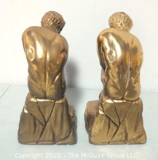 Set of Two Heavy Bronze or Brass Bookends in the Style of the Thinker by Rodin.