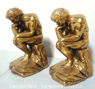 Set of Two Heavy Bronze or Brass Bookends in the Style of the Thinker by Rodin.