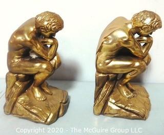 Set of Two Heavy Bronze or Brass Bookends in the Style of the Thinker by Rodin.