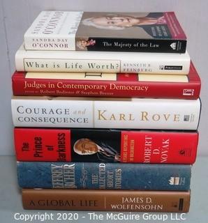 Group of Political Themed Books, Many Signed by the Author. Includes Karl Rove, James Wolfensohn, Robert Novak & Kenneth Feinberg, 