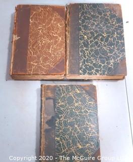 Three Antique Marbled Cover with Leather Binding Books.  Covers are separating. 