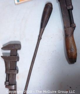 Collection of Antique Tools including a TEMCO 10" Monkey Wrench and Oval Handled Flathead Screwdriver, and 1916 Copy of R Herschel Mfg.Co Tool Catalog (Note: Description Altered 7/29/20 at 18:32 ET)