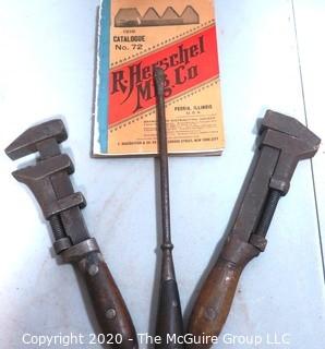 Collection of Antique Tools including a TEMCO 10" Monkey Wrench and Oval Handled Flathead Screwdriver, and 1916 Copy of R Herschel Mfg.Co Tool Catalog (Note: Description Altered 7/29/20 at 18:32 ET)