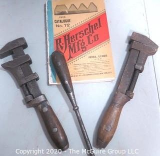 Collection of Antique Tools including a TEMCO 10" Monkey Wrench and Oval Handled Flathead Screwdriver, and 1916 Copy of R Herschel Mfg.Co Tool Catalog (Note: Description Altered 7/29/20 at 18:32 ET)