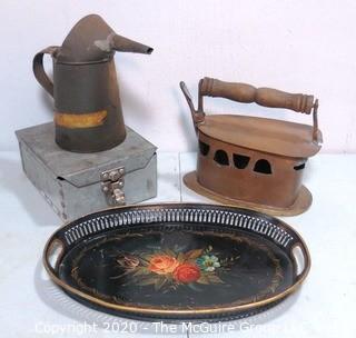 Four Metal Vintage Household Items.  Includes Steam Iron and Told Tray.