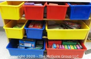 Wood With Colorful Plastic Bins Toy Organizer or Shelf with Card Games and Memory Games - Room 13 Toy Closet