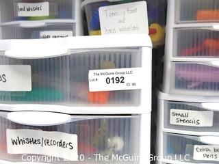 Plastic Organizer Shelf and Drawer Unit Full of Crafting and Toys Supplies.- Room 13 Toy Closet