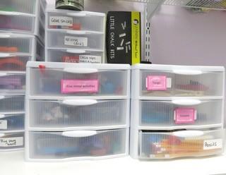 Plastic Organizer Shelf and Drawer Unit Full of Crafting and Toys Supplies.- Room 13 Toy Closet