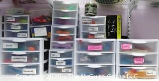 Plastic Organizer Shelf and Drawer Unit Full of Crafting and Toys Supplies.- Room 13 Toy Closet