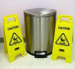 (2) Caution Signs and a Steel Step-Open Lidded Trash Can - Room 20 Kitchen