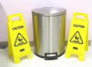 (2) Caution Signs and a Steel Step-Open Lidded Trash Can - Room 20 Kitchen