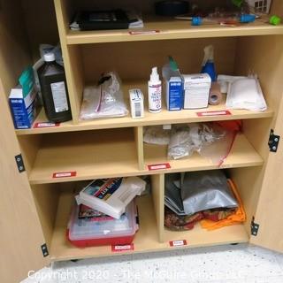 34" x 17" 44" Wood Cabinet on Casters Full of First Aid and Medical Supplies -  Room 20 Kitchen