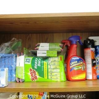 Wood Book Shelf Full of Cleaning & Entertaining Items Including Several Blenders, and Cookware.  Room 20 Kitchen