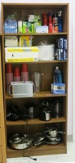 Wood Book Shelf Full of Cleaning & Entertaining Items Including Several Blenders, and Cookware.  Room 20 Kitchen