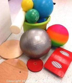 Bin of Toys Including Rubber Balls, Balancing Stands, Pump, Etc. - Room 18 {marked 242}