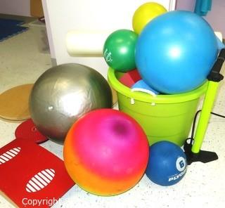 Bin of Toys Including Rubber Balls, Balancing Stands, Pump, Etc. - Room 18 {marked 242}