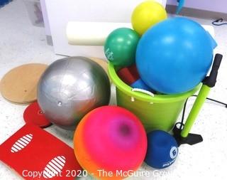 Bin of Toys Including Rubber Balls, Balancing Stands, Pump, Etc. - Room 18 {marked 242}