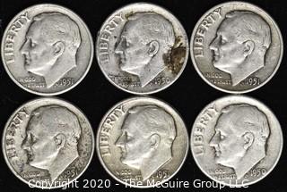 (6)U.S. Silver Dimes: 4-1951; 2-1950