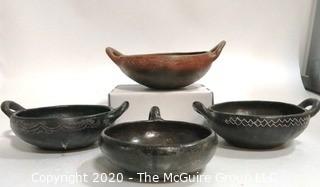 Collection of Four Hand Thrown Red & Black Clay Pottery Serving Bowls. Made in Peru.