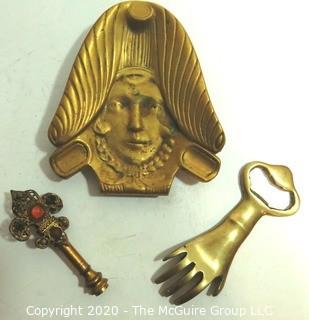 Three Vintage Brass Decorative Items including Ashtray, Finial, & Bottle Opener. 