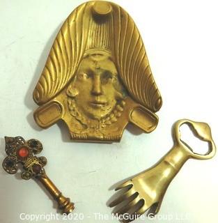 Three Vintage Brass Decorative Items including Ashtray, Finial, & Bottle Opener. 