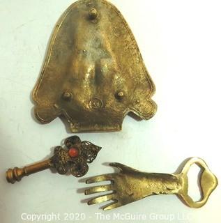 Three Vintage Brass Decorative Items including Ashtray, Finial, & Bottle Opener. 