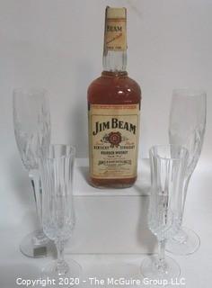 Very Old Unopened Bottle of Jim Beam Bourbon Whiskey with Tax Stamp and Four Crystal Champagne Flutes