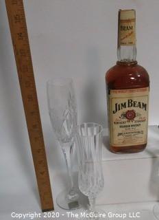 Very Old Unopened Bottle of Jim Beam Bourbon Whiskey with Tax Stamp and Four Crystal Champagne Flutes