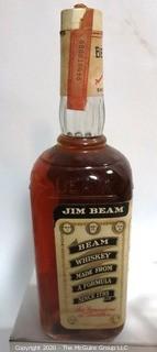 Very Old Unopened Bottle of Jim Beam Bourbon Whiskey with Tax Stamp and Four Crystal Champagne Flutes