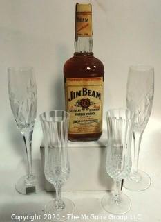 Very Old Unopened Bottle of Jim Beam Bourbon Whiskey with Tax Stamp and Four Crystal Champagne Flutes