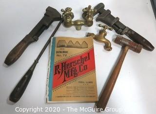 Collection of Antique Tools including a TEMCO 10" Monkey Wrench, Flathead Screwdriver,Brass Faucett  and 1916 Copy of R Herschel Mfg.Co Tool Catalog