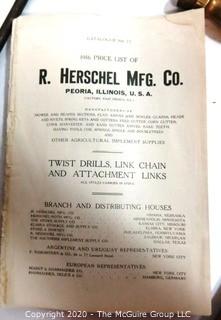 Collection of Antique Tools including a TEMCO 10" Monkey Wrench, Flathead Screwdriver,Brass Faucett  and 1916 Copy of R Herschel Mfg.Co Tool Catalog