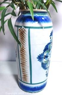 Large Erandi Tonala Mexico Pottery Hand Painted Vase with Floral Design 19" Tall.  Signed by Artist.